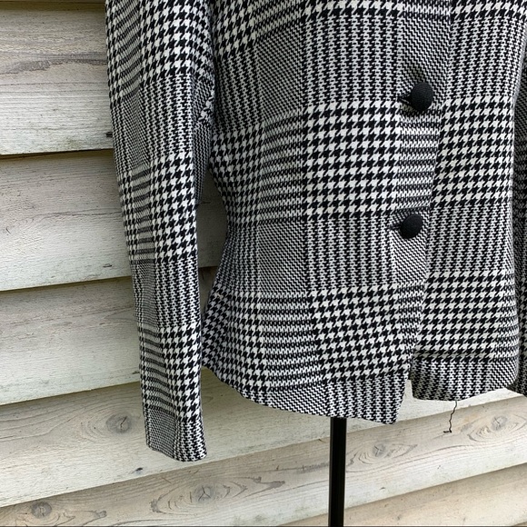 Vintage 80s Wool Blend Plaid Houndstooth Button Up Long Sleeve Collarless Blazer - Picture 9 of 16